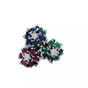 18kt White Gold 1.95ctw Cocktail Flower Ring Diamonds, Emer. Ruby/Sapphires