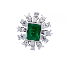Art Deco 14kt White Gold Cocktail Ring with 1.25 ctw in Emerald and Diamonds