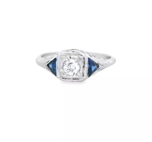 Art Deco 14kt White Gold Ring with European cut Diamond and Sapphire