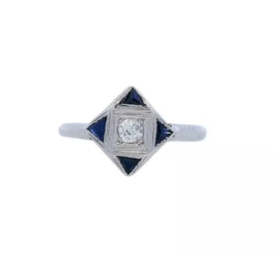 Art Deco 14kt White Gold Ring with Old mine Diamond and Sapphire