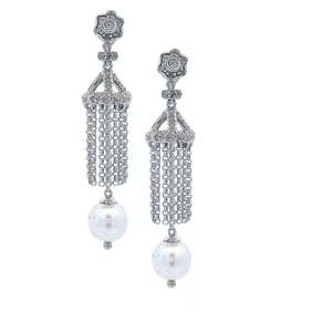 Unique 0.70ctw Diamonds and Pearls 14kt White Gold Hanging Earrings