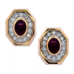 7 cts RUBY CABOCHON/DIAMONDS 14K YELLOW GOLD GEOMETRIC EARRINGS