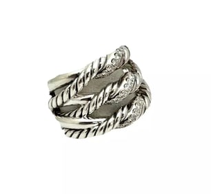 DAVID YURMAN Continuance Three Row Pave Diamonds Sterling 925 Ring Sz. 6.5
