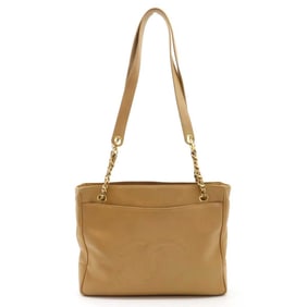 CHANEL Coco Mark Chain Tote Bag Shoulder Caviar Skin Leather Beige
