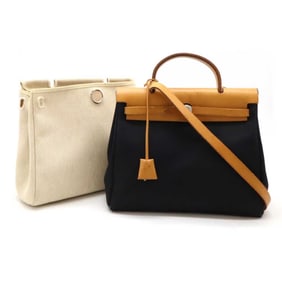 HERMES Hermes Airbag PM Handbag Shoulder Bag Toile Officier H Leather Black Natural G Stamp