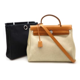 HERMES Hermes Airbag PM Handbag Shoulder Bag Toile Officier GM Leather Black Natural