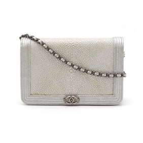 CHANEL Boy Chanel Coco Mark Chain Wallet Shoulder Bag Pochette Galuchat Metallic Leather Silver