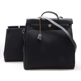 HERMES Hermes Airbag MM Handbag Shoulder Bag Toile Officier Leather Black □D Engraved