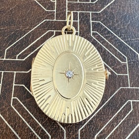 Vintage Engine Turned 14K Gold and Diamond Locket Pendant