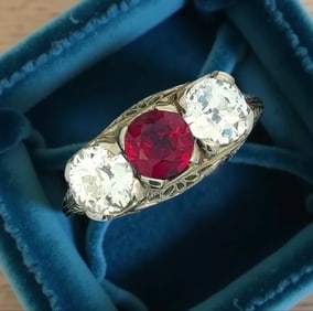 Art Deco Fine 1.03 Ct Ruby & 1.90 Cttw Diamond Platinum Filigree Ring