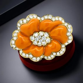 Italian Designer Ambrosi Diamond And Coral Pendant/Brooch
