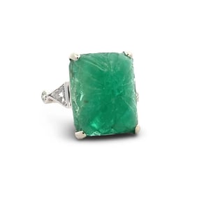 Art Deco Carved Emerald & Diamond Platinum Ring