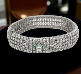 Art Deco 23.00 Cttw Diamond And Emerald Platinum Bracelet