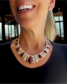 155.0 Cttw Ruby & 10.0 Cttw Diamond 18K Yellow Gold Necklace