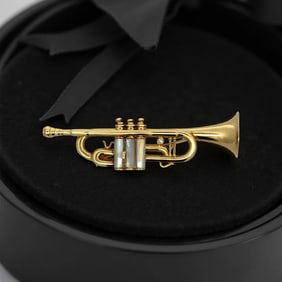 The Bach Stradivarius Style Trumpet 18K Yellow Gold Mother Of Pearl & Diamond Brooch/Pendant