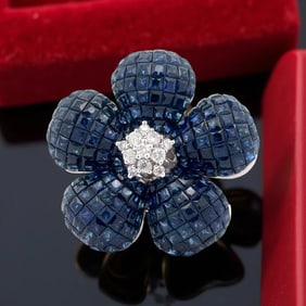 14.50 Cttw Sapphire & Diamond Invisible Set 18K White Gold Ring