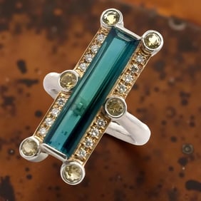4.45 Ct Elongated Cut Tourmaline Diamond Citrine Platinum/18K Yellow Gold Ring&nbsp;