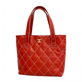 Chanel Tote Bag Wild Stitch Lambskin Red Women's
