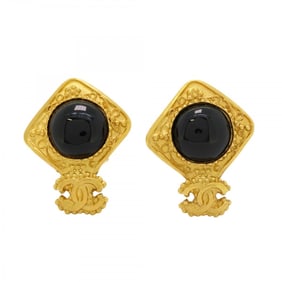 Chanel Earrings Coco Mark Diamond Shape GP Plated Gold Black Ladies
