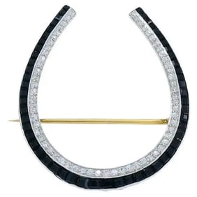 Edwardian Platinum 14k Gold Diamond Onyx Horseshoe Pin Brooch