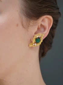 Vintage Chaumet 18k Gold Diamond Malachite Clip Earrings