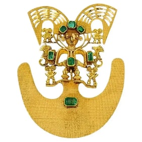18k Gold Brooch/Pendant Emeralds Pre-Columbian Jewelry