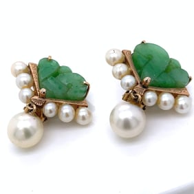 1960’s 14K Yellow Gold Jade & Pearl Earrings