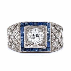 Art Deco Platinum Diamond & Sapphire Ring (1 of 4)