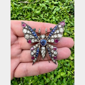 Victorian 18K & Silver Top Diamond, Ruby, and Sapphire Butterfly Brooch