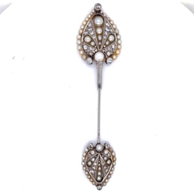 French Art Deco Platinum Natural Pearl & Diamond Jabot Pin