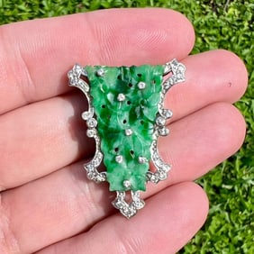 Art Deco Platinum Jade & Diamond Brooch