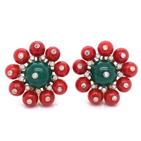 18K Yellow Gold Malachite Coral & Diamond Earrings