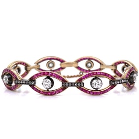 Victorian 18K Yellow Gold Diamond & Ruby Bracelet