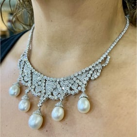 1960’s 14K White Gold South Sea Pearl & Diamond Necklace