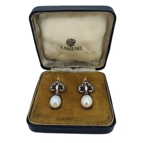 Vintage Russian Imperial Era Rose Gold Diamond Enamel Pearl Earrings.