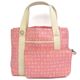Bvlgari Logomania Women's Canvas,Leather Handbag Cream,Pink