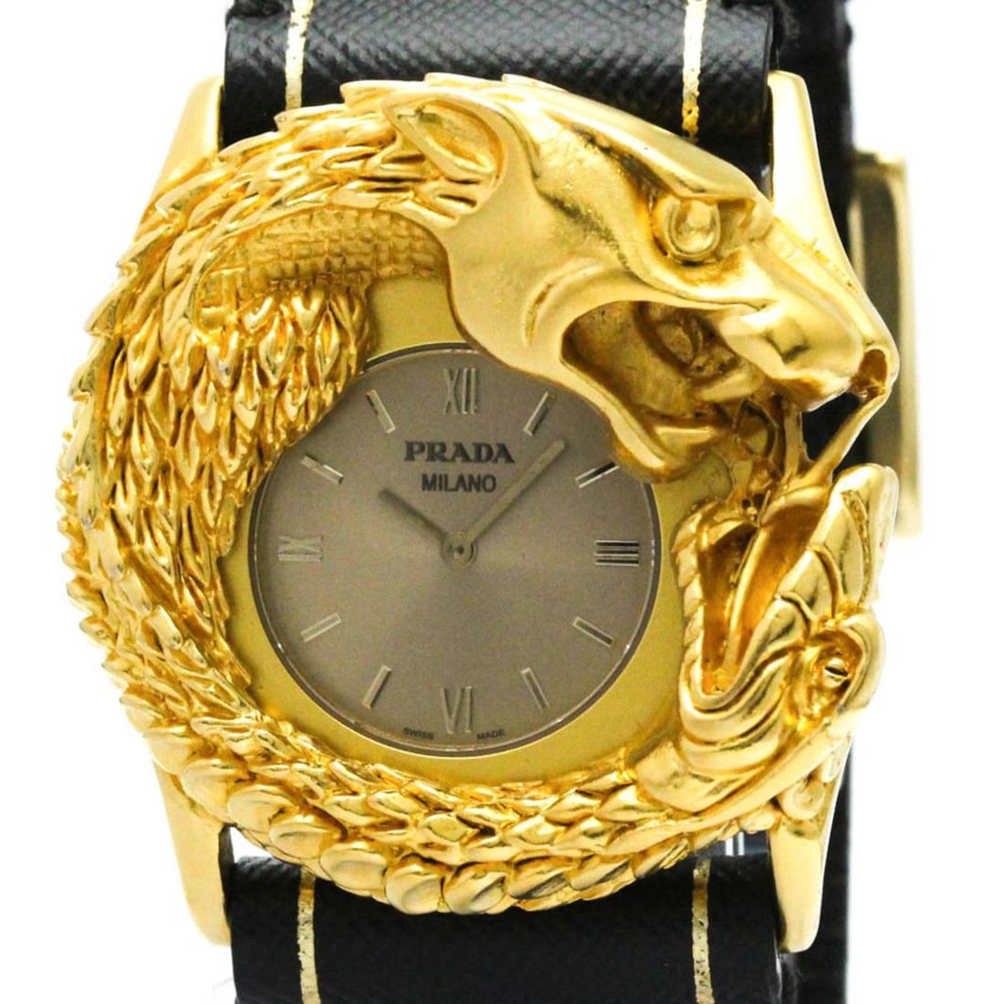 PRADA Dragon Gold Plated Leather Quartz Mens Watch 2AR684 BF571237: Category: SizeCase Diameter: 45mm / 1.77''Category: DesignType: WristwatchStyle: SportGender: MenColor (Dial): GrayMaterial (Band): LeatherMaterial (Case): Gold platedCategory: GeneralBrand: PradaMode