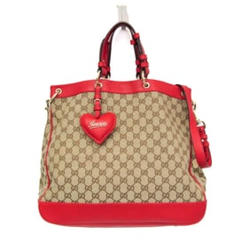 Gucci GG Canvas Valentine 282342 Women's Leather,GG Canvas Handbag,Shoulder Bag Beige,Red Color