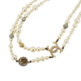 Chanel Necklace Coco Mark Circle Moon Motif GP Plated Fake Pearl Rhinestone Champagne Gold for Women