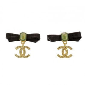 Chanel earrings, Coco mark, ribbon motif, GP plated leather, rhinestones, gold, black, green, ladies