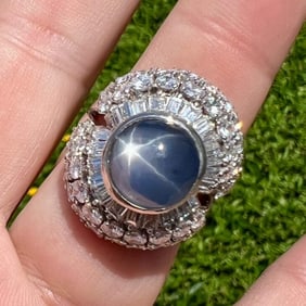Art Deco Platinum 8.00 Ct. Star Sapphire & Diamond Ring