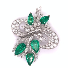 1960â€™s 14K White Gold Colombian Emerald & Diamond Brooch