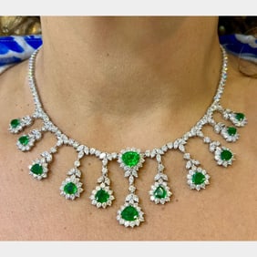 18K White Gold Colombian Emerald & Diamond Necklace