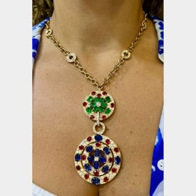 18K Yellow Gold Sapphire, Emerald, Ruby, and Diamond Necklace