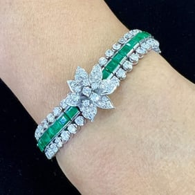 14K White Gold Emerald & Diamond Bracelet