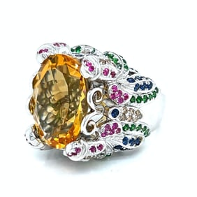 18K White Gold Diamond, Ruby, Garnet, and Citrine Ring