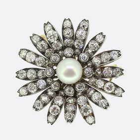 Antique Natural Pearl and Diamond Flower Pendant Brooch