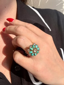 Turquoise & Diamond Mandala Flower Ring, 14k