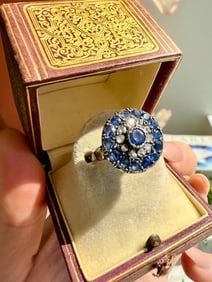 Diamond & Blue Sapphire Cluster Ring, Two Tone 18k & Sterling Silver