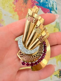 Retro Ruby Diamond Clip Pin, Two Tone 18k & Platinum